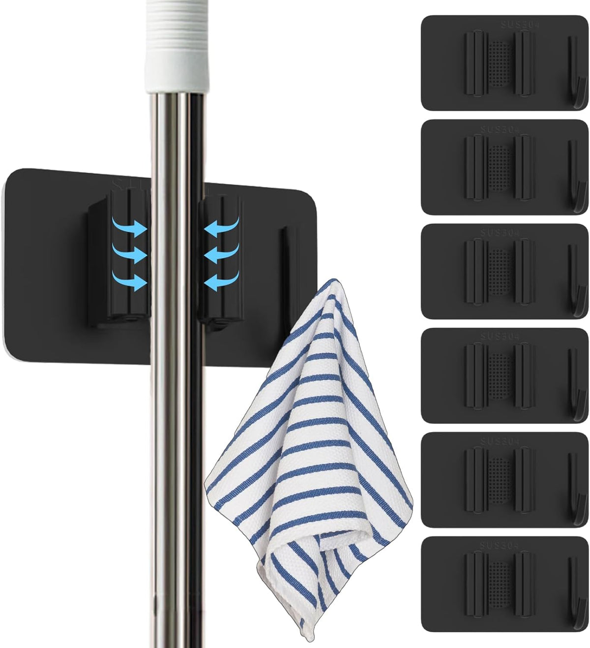 Stainless Steel Mop Holder Wall Mount – 4 Pack Heavy-Duty Broom Organizer with Strong Grip, Adhesive or Nail-Free Glue Installation for Bathroom, Kitchen, Garage