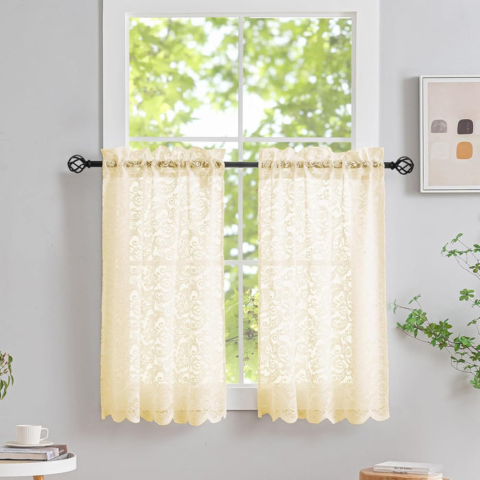 ALIGOGO Burgundy Curtains 84 Inches Long 2 Panels, Cottage Lace Sheer Maroon Curtains for Living Room, Farmhouse Rod Pocket Privacy Floral Scalloped Edges Burgundy Drapes, 52W x 84L Inch