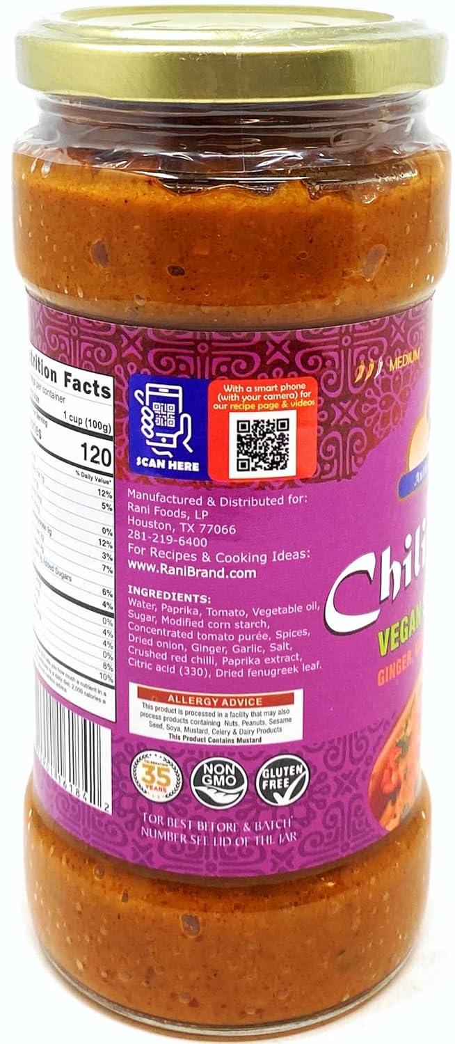 Rani Chili Chicken Curry Vegan Simmer Sauce (Ginger, Garlic, Tomatoes & Spices) 14oz (400g) Glass Jar ~ Easy to Use | Vegan | No Colors | All Natural | NON-GMO | Gluten Free | Indian Origin