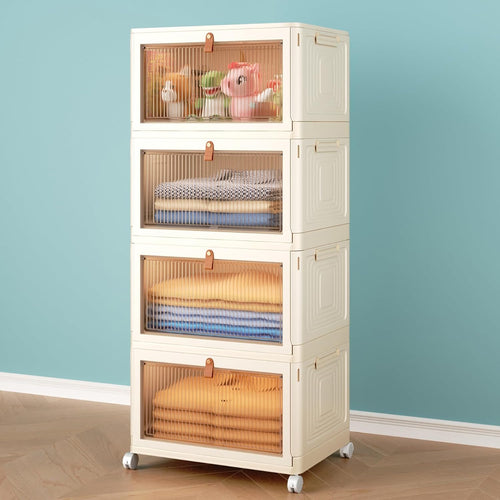 4 Tier Storage Bins with Lids, 23QT Stackable Closet Organizers and Storage with Wheels, Collapsible Storage Boxes, Foldable Plastic Storage Containers for Home,Office, Dorm Room-White
