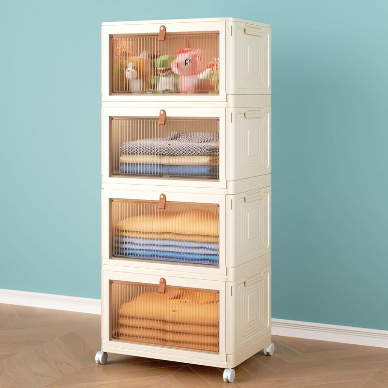 4 Tier Storage Bins with Lids, 23QT Stackable Closet Organizers and Storage with Wheels, Collapsible Storage Boxes, Foldable Plastic Storage Containers for Home,Office, Dorm Room-White