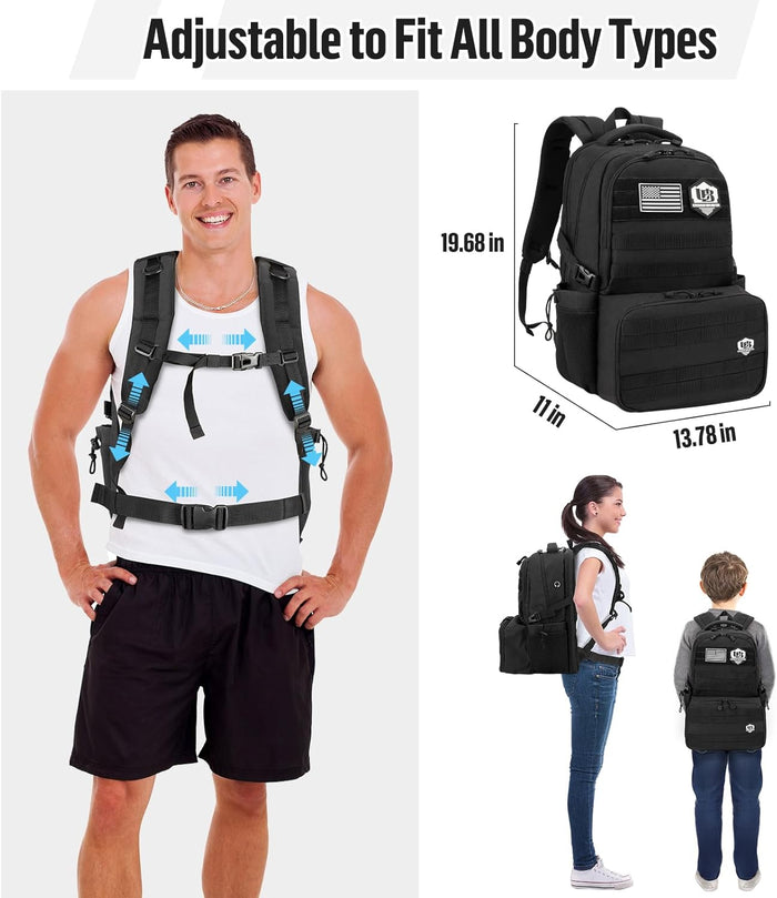 Jueachy Tactical Backpack with Lunch Box for Men: Laptop Compartment Bookbag with lunchbox for Work School for Women Mens Black