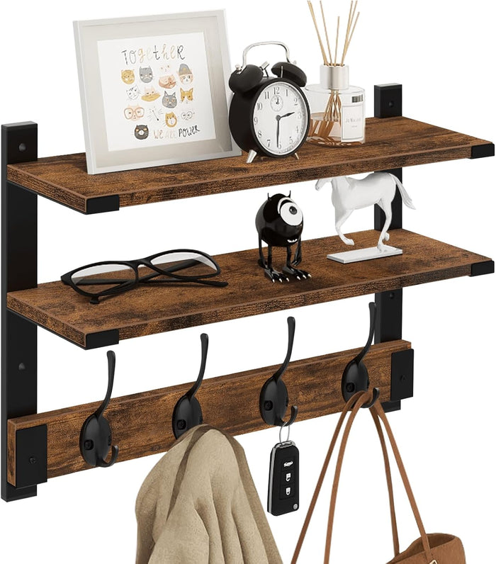 Homode Coat Rack Wall Mount with Shelf, Two-Tier Entryway Wall Shelf with Hooks, 24 in Wood Floating Storage Shelves, Coat Hanger for Hanging Hat Towel Jacket Purse Backpack, Rustic Brown