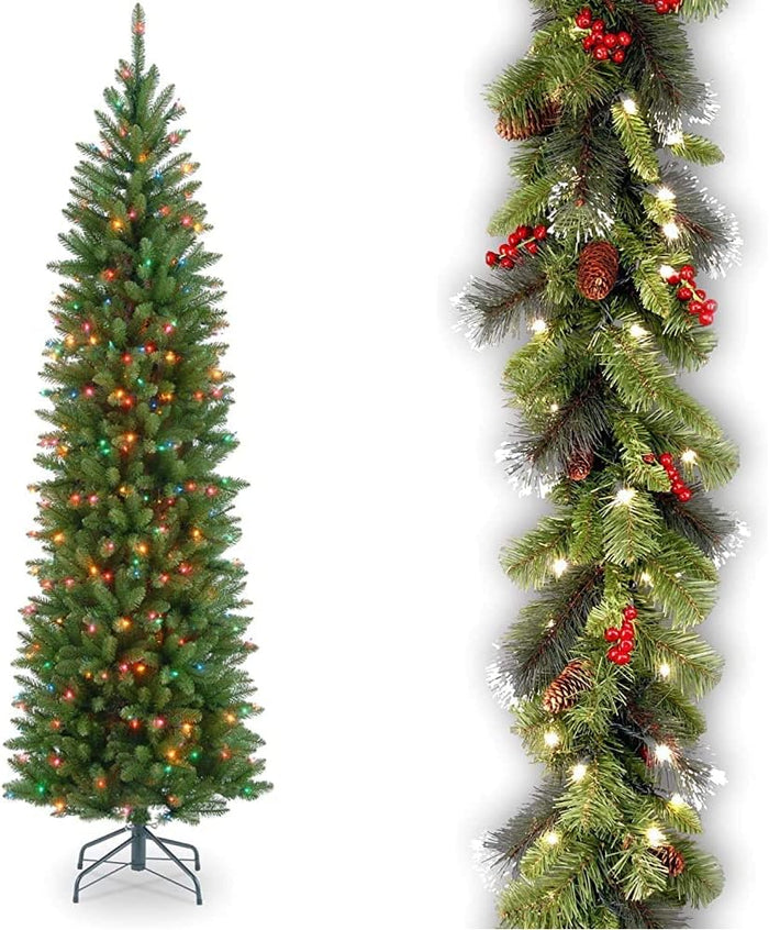National Tree Company Artificial Pre-Lit Slim Christmas Tree, Green, Kingswood Fir, Multicolor Lights, Includes Stand, 6.5 Feet