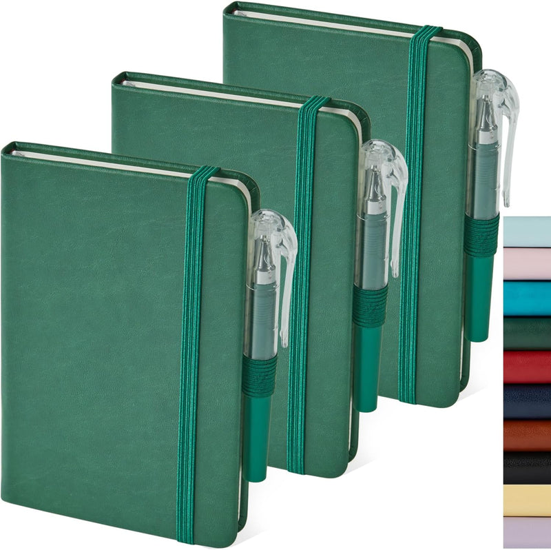 (3 Pack) Pocket Notebook Journal, Hardcover Small Mini Notebooks with Pens for Work, 3.7" x 5.7" A6 Notebook College Ruled with 100Gsm Premium Thick Lined Paper, Black Leather