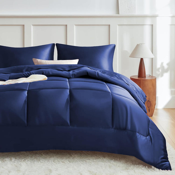 MR&HM King Size Comforter Set Black, Reversible Satin Microfiber Comforter Set for All Seasons, 3 Pieces Non-Slip Silky Soft Bedding Sets with 1 Comforter (104"x90") and 2 Pillowcases (20"x36")