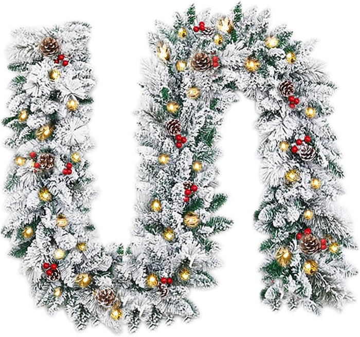 Christmas Garland with Lights,Xmas Garlands with Timer, 9ft Lighted Xmas Garland Snow for Mantle Staircase Front Door Stairs Railing Window Fireplace Winter Outdoor Home Decorations