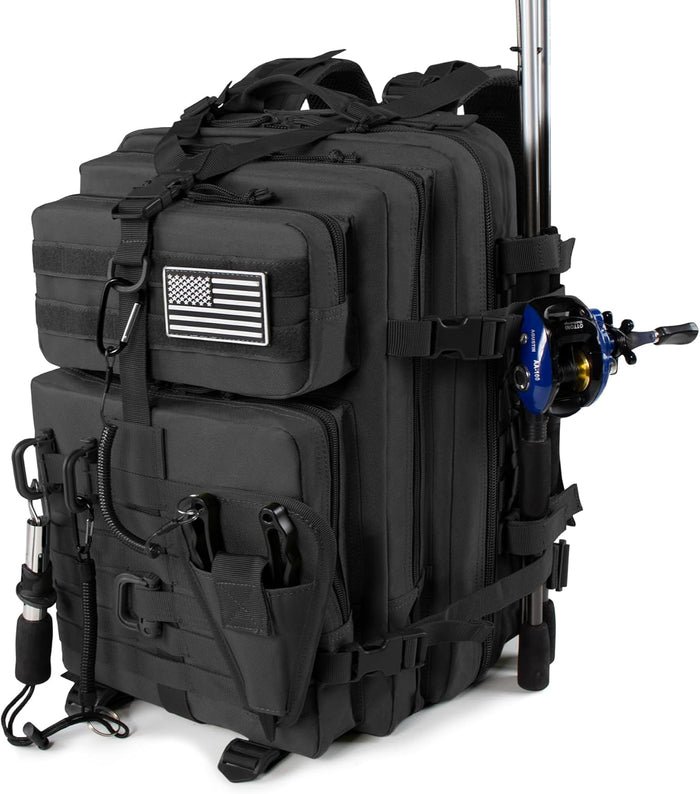 45l Large Fishing Tackle Backpack with Removable Plier Holder & Rod Holders, Khaki Tactical Bag, Fishing Gear and Tackle Box Organizer, Hiking Rucksack without Tackle Box