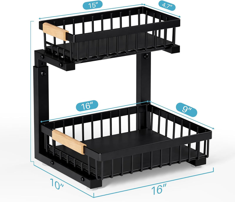 Under Sink Organizers and Storage,2 Packs 2 Tier Sliding Pull Out Cabinet Storage Shelf, Metal Drawer for Kitchen Bathroom Cabinet, Under Sink Organizer Organization Rack, Rust-Resistant Black