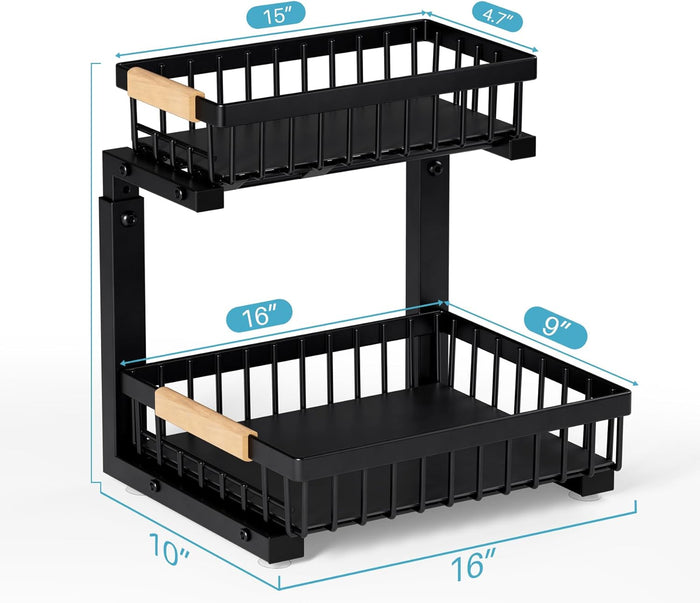 Under Sink Organizers and Storage,2 Packs 2 Tier Sliding Pull Out Cabinet Storage Shelf, Metal Drawer for Kitchen Bathroom Cabinet, Under Sink Organizer Organization Rack, Rust-Resistant Black