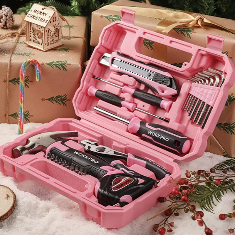 WORKPRO 35-Piece Pink Tools Set, Household Tool Kit with Storage Toolbox, Basic Tool Set for Home, Garage, Apartment, Dorm, New House, Back to School - Pink Ribbon