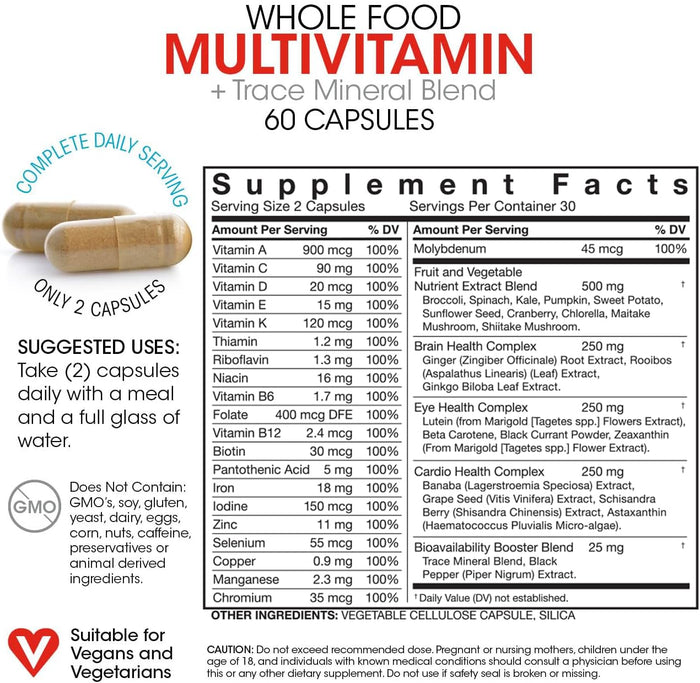 Silver Fern Whole Food Daily Multi Vitamin w/Trace Mineral Blend Supplement - 2 Bottles - 60 Vegicaps Each - 60 Day Supply - Natural, Non-GMO, Vegan, Multivitamin for Men & Women - Zero Synthetics