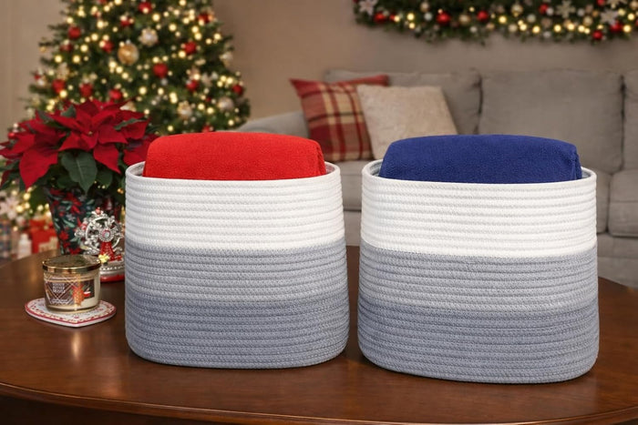 Basket, Set of 2 Medium Cotton Rope 15.3"x 9.8"x9.6" Woven Storage Basket for Baby Laundry, Blankets & Toys, Deco Rope Basket with Side Handle Slots for Nursery, Bedroom & Home Organization - Set of 2