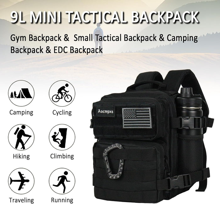 Mini Tactical Backpack, 9L Small Gym Backpacks Sport Bag for Men Women Molle Military Pack with US Flag Patch and Carabiner (Tan)