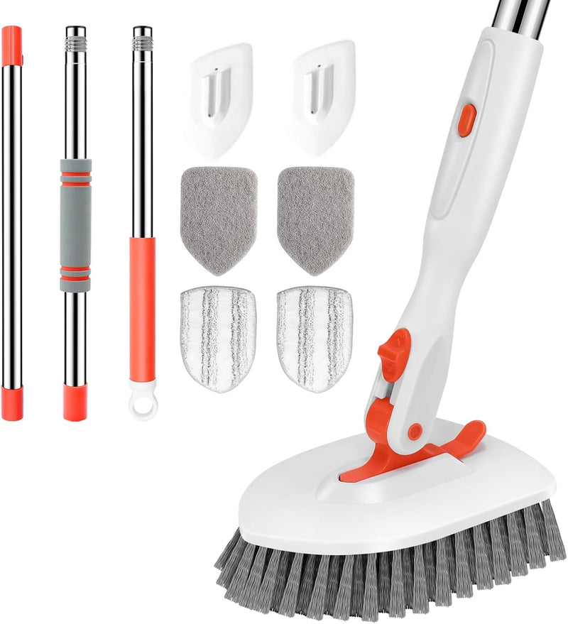 SetSail Floor Scrub Brush, 3-In-1 Tile Tub Floor Scrubber with 52-inch Adjustable Long Handle Shower Cleaner and 3 Detachable Replacement Brush Heads for Cleaning Bathroom Kitchen Walls Tub Tile