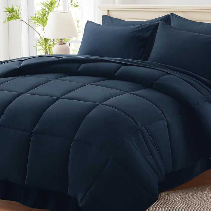 Anluoer Queen Comforter Set 7 Piece, Reversible Bed in a Bag Queen Size, Lightweight Bedding Set with 1 Comforter(88"*88"), 2 Pillow Shams, 2 Pillowcases, 1 Flat Sheet, 1 Fitted Sheet, Red & Black