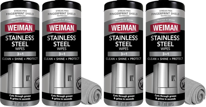 Weiman Stainless Steel Cleaner and Polish Wipes Bundle with Microfiber Cloth-Removes Fingerprints, Water Marks and Grease from Appliances - Works Great on Refrigerators, Ovens, and Grills