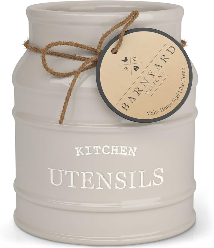 Barnyard Designs Ceramic Farmhouse Utensil Holder for Kitchen Counter, Large Rustic Utensil Crock, Countertop Cooking Tool Spatula Organizer, 6.75” (White)