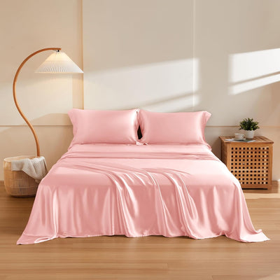 THXSILK Silk Sheet Set 4Pcs, 6A+ Top Grade 100% Natural Mulberry Silk Bed Sheets, Luxury Bedding Sets Ultra Soft Durable, 1 Fitted Sheet, 1 Flat Sheet and 2 Pillow Shams (King, Charming Pink)
