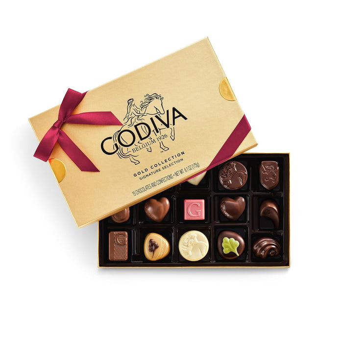 Godiva Navy Bow Gold Assorted Chocolate Gift Box, Dark and Milk Chocolates with Pralinés, Ganaches & Caramels, Gourmet Hanukkah Gift, Non-GMO & Kosher, 30 Pc