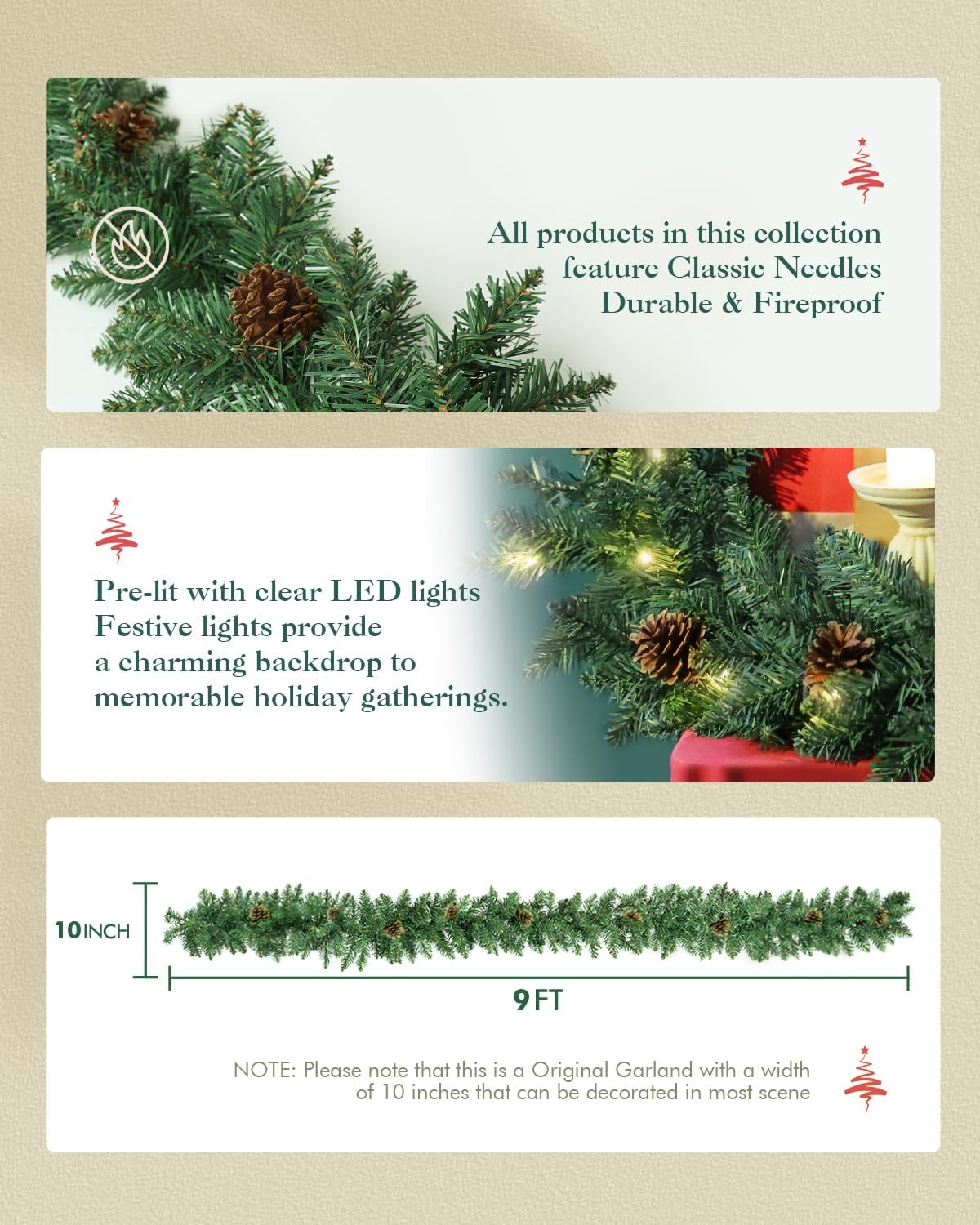 Prelit Christmas Garland, 9FT Lighted Christmas Garland Indoor with Red Berries & Pine Cone for Stairs Wall Door Outdoor Holiday Decor with Battery Operated Timer, Artificial Xmas Garland