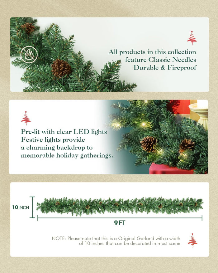 Prelit Christmas Garland, 9FT Lighted Christmas Garland Indoor with Red Berries & Pine Cone for Stairs Wall Door Outdoor Holiday Decor with Battery Operated Timer, Artificial Xmas Garland