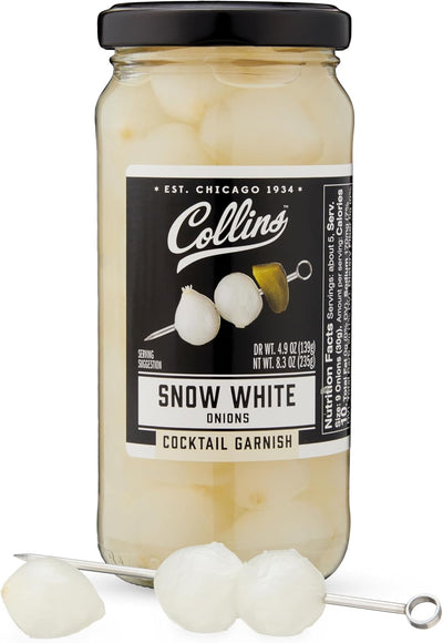 Collins Gourmet Snow White Cocktail Onion - Pickled Onion jar for Cocktails, Bloody Mary ingredients, Meat and Cheese Trays and Snacks - Pickled Onions 8oz