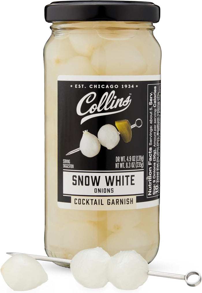 Collins Gourmet Snow White Cocktail Onion - Pickled Onion jar for Cocktails, Bloody Mary ingredients, Meat and Cheese Trays and Snacks - Pickled Onions 8oz