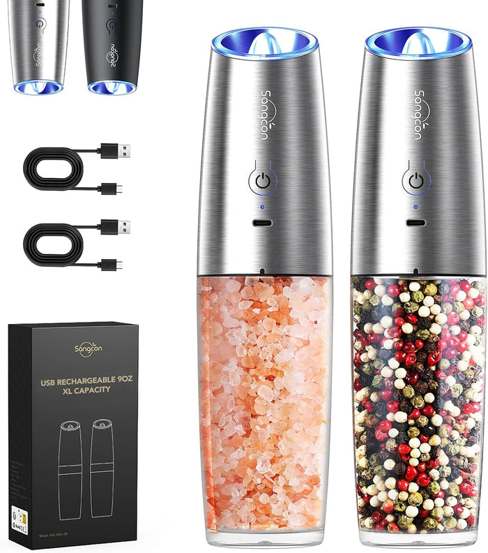 Sangcon Gravity Electric Salt and Pepper Grinder Set Automatic Shakers Mill Grinder with LED Light, BATTERY POWERED Adjustable Coarseness One Hand Operation, Upgraded Larger Capacity