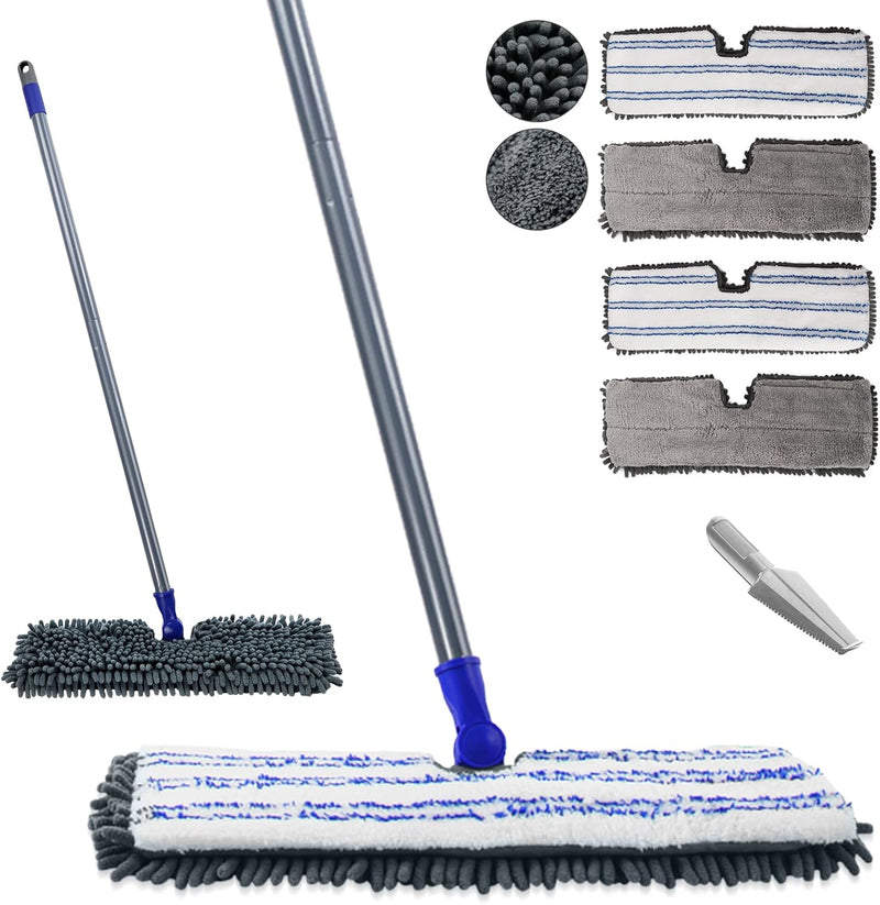 Masthome Extra Large Microfiber Mop for Floor Cleaning, 16“ Flat Mop with 5 Pad for Wet & Dry Use, Dust Mop for Hardwood Laminate Tile Ceramic, 1 Cleaning Scraper Included-Blue