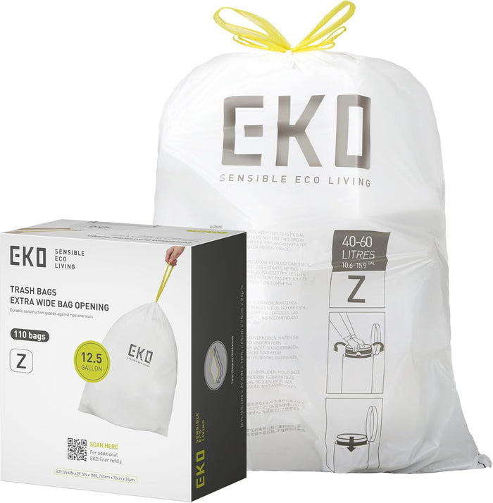 EKO 12.9 Gallon / 45-49 Liter, 110 Count Drawstring Trash Bags, Extra-Strong Unscented Garbage Bags, Easy-Dispense Roll for Kitchen & Household Use, Resists Tears, Leaks and Punctures, Code J, White