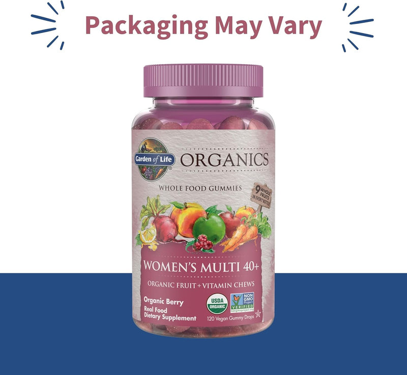Garden of Life Organics Women 40+ Gummy Vitamins - Berry - Certified Organic, Non-GMO, Vegan, Kosher Complete Multi - Methyl B12, C & D3 - Gluten, Soy & Dairy Free, 120 Real Fruit Gummies