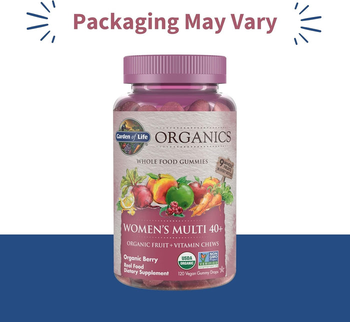 Garden of Life Organics Women 40+ Gummy Vitamins - Berry - Certified Organic, Non-GMO, Vegan, Kosher Complete Multi - Methyl B12, C & D3 - Gluten, Soy & Dairy Free, 120 Real Fruit Gummies