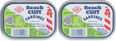 Beach Cliff Wild Caught Sardines in Soybean Oil with Hot Green Chilies, 3.75 oz Can - 17g Protein per Serving - Gluten Free, Keto Friendly - Great for Pasta & Seafood Recipes (Pack of 2)