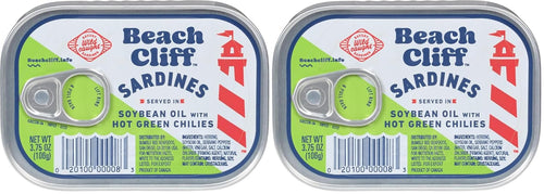Beach Cliff Wild Caught Sardines in Soybean Oil with Hot Green Chilies, 3.75 oz Can - 17g Protein per Serving - Gluten Free, Keto Friendly - Great for Pasta & Seafood Recipes (Pack of 2)