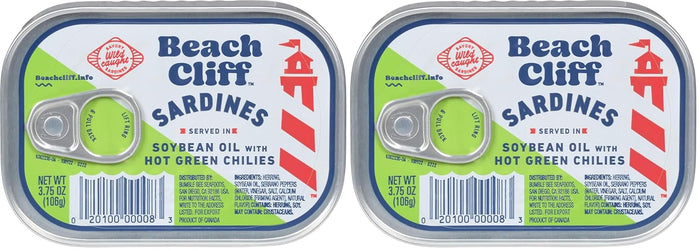Beach Cliff Wild Caught Sardines in Soybean Oil with Hot Green Chilies, 3.75 oz Can - 17g Protein per Serving - Gluten Free, Keto Friendly - Great for Pasta & Seafood Recipes (Pack of 2)