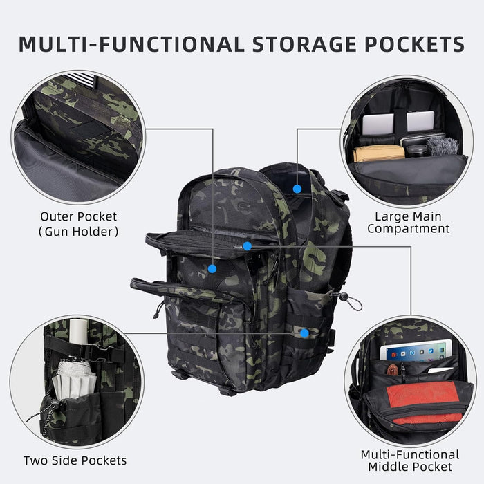 Tactical Backpack for Men, Military Army Rucksack 40L Large Molle Army Assault Pack with Bottle Holder, Day Pack Bug out Bag Survival Backpack for Hiking, Hunting, Travel, Camping, Black Camo