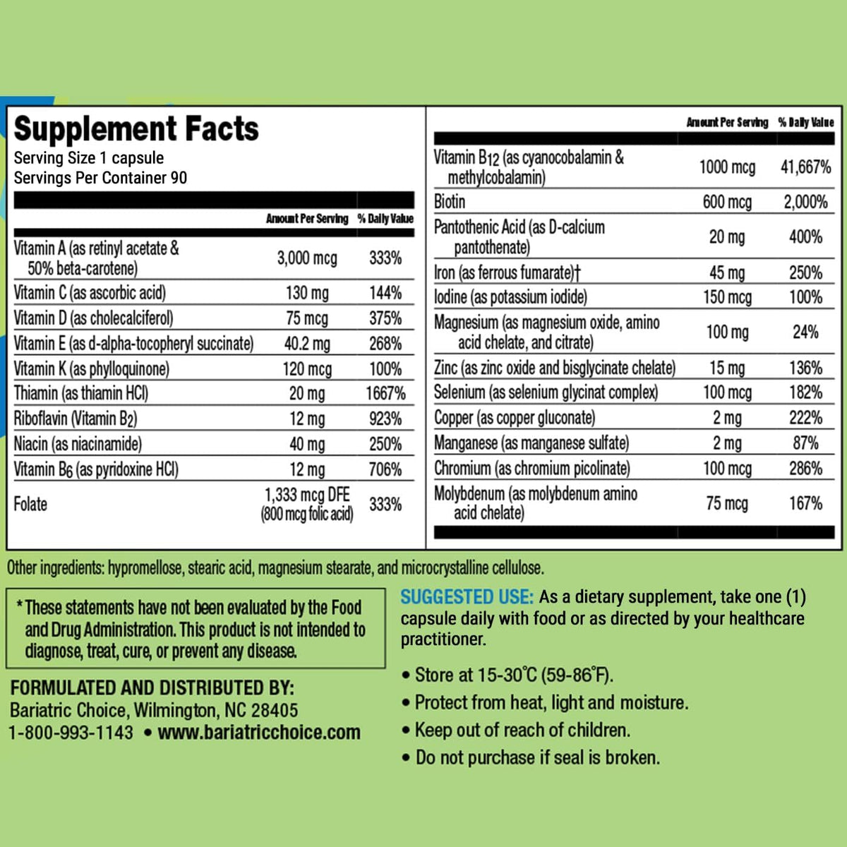 Bariatric Choice Once-Daily Bariatric Multivitamin with 45 mg of Iron | Easy to Swallow Capsule | Vitamin for Bariatric Surgery Patients | 90 Count (3-Month Supply)