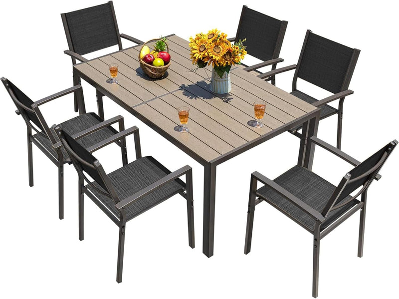 Homall Patio Dining Set 7 Pieces Outdoor Furniture with Large Table and 6 Textilene Chairs for Porch, Poolside, Yard and Garden, Brown