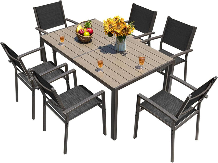 Homall Patio Dining Set 7 Pieces Outdoor Furniture with Large Table and 6 Textilene Chairs for Porch, Poolside, Yard and Garden, Brown
