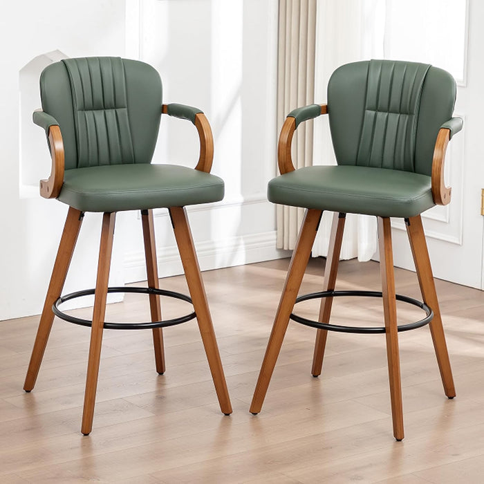 26" Swivel Counter Height Bar Stools with Back, White Faux Leather Kitchen Island Bar Chairs with Arms,Spliced Pleated Wingback Barstools for Bar/Kitchen/Dining Room,Set of 3
