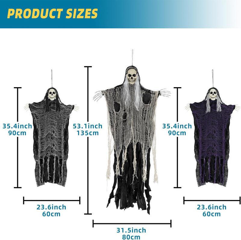Halloween Decorations Outdoor/Indoor,Set of 3 Scary Hanging Ghosts,Halloween Grim Reaper Skeleton, Scary Party Decorations,Haunted House Decor for Yard/Lawn/Garden.