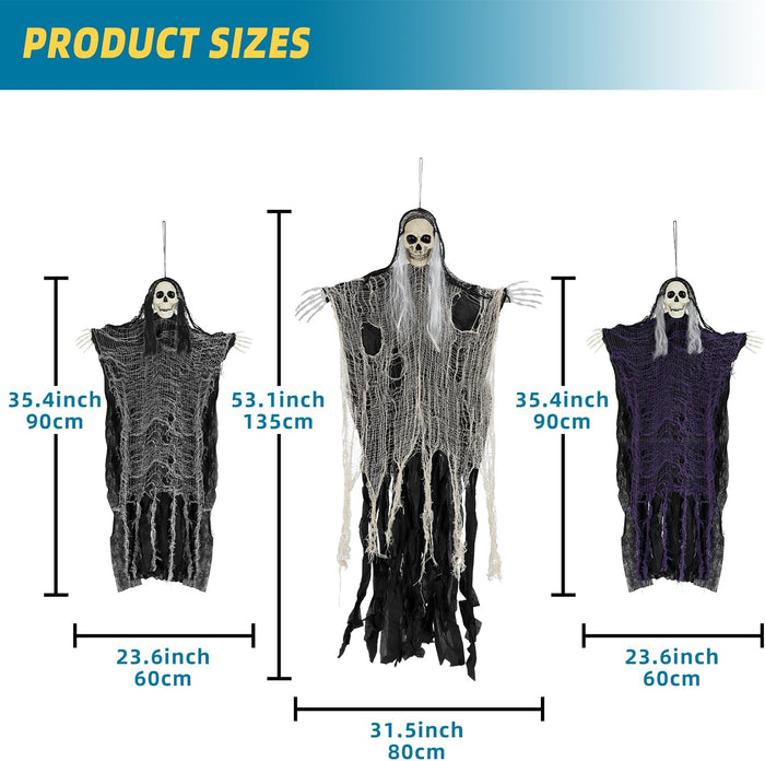 Halloween Decorations Outdoor/Indoor,Set of 3 Scary Hanging Ghosts,Halloween Grim Reaper Skeleton, Scary Party Decorations,Haunted House Decor for Yard/Lawn/Garden.