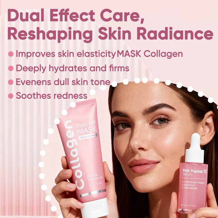 Collagen Face Mask + Peptides & PDRN Plumping Serum, Overnight Hydrolyzed Collagen Peel-Off Mask, Skincare Set wth Niacinamide, Even Skin Tone, Repair & Firm Skin, Reduce Redness (1 Set)