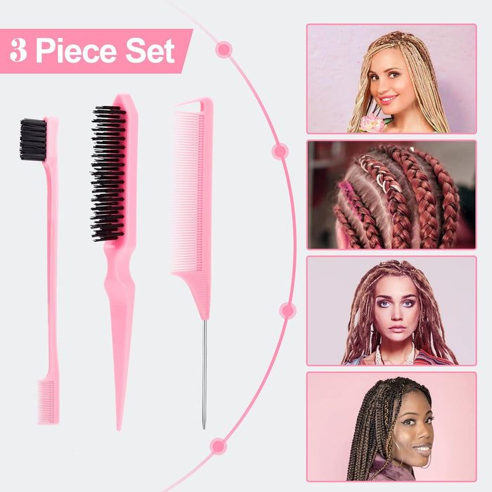 3 Pcs Slick Back Hair Brush, Rat Tail Comb, Edge | Bristle Brush, Hair Accessories for Girls, Kids, Toddlers Sleek Ponytail/Bun, Edge Control and Smoothing Baby Hair & Flyaways