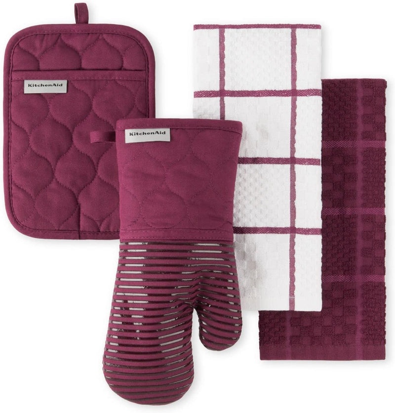 KitchenAid Quilted Cotton Terry Cloth Oven Mitt, Pot Holder, Kitchen Towel 4-Pack Set, Heat Resistant, Silicone Grip, Gift Set, Matte Black, 16"x26", 7"x13" & 7"x10"