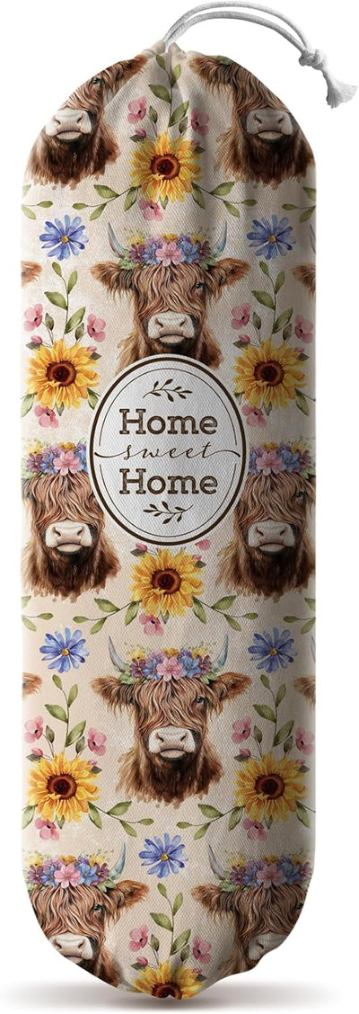Hglian Plastic Bag Holder Retro Highland Cow and Flowers Grocery Bag Holder Storage Organizer Extra Large