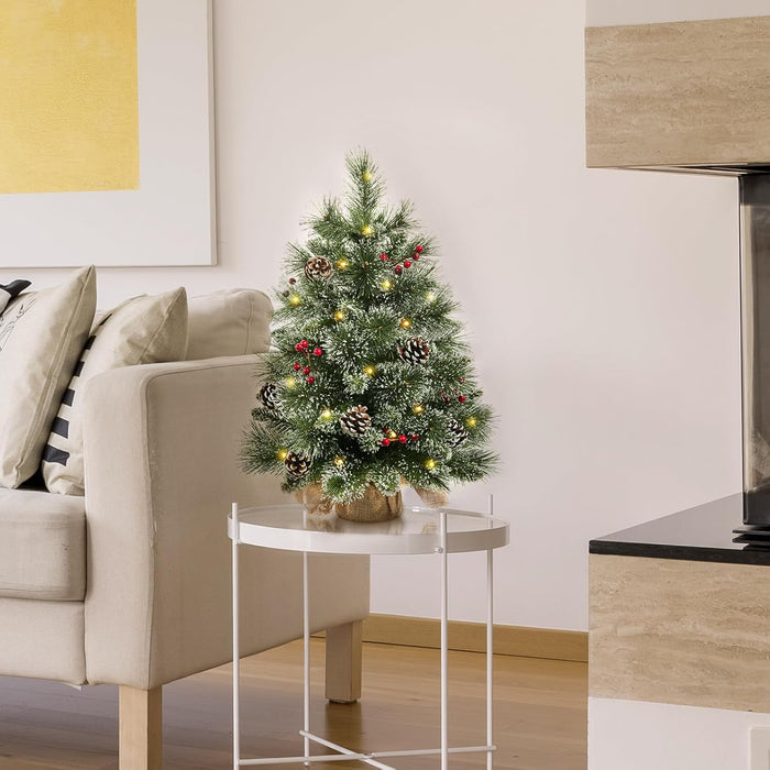 24" Mini Christmas Trees with Flocked Pine Needles, Pine Cones, Berries Decoration, 2 Ft Decorated Burlap Trees with 25 Led Lights, Kitchen Tabletop Artificial Pre Lit Christmas Tree