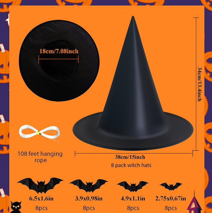 Dokeawo Witch hats 8 Pack Halloween Witches Hat with 108 Feet Hanging Rope & 32Pcs 3D Bats, Hanging Witch Hats Halloween Decor Witches Costume Accessory for Party Favor