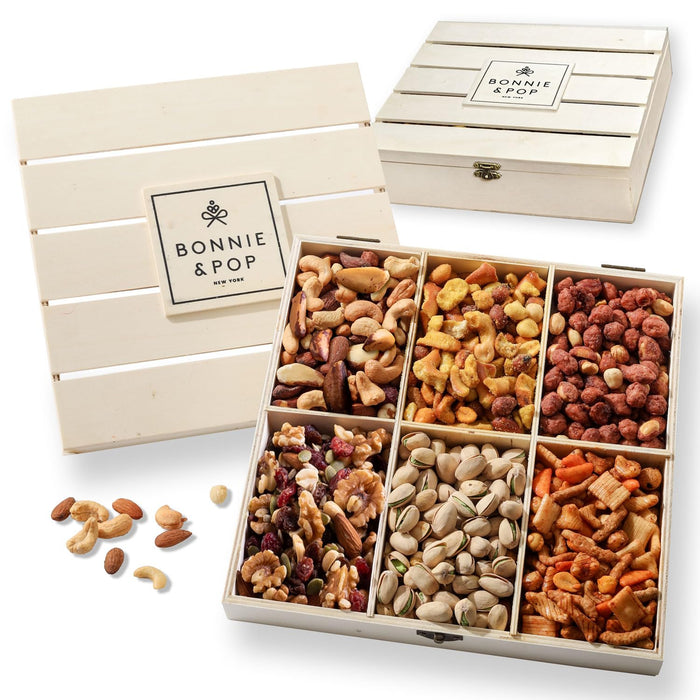 BONNIE AND POP - Nut Gift Basket | Healthy Gift of Assorted Nuts in Reusable Wood Crate | Large Variety Tray with Unique Flavors | Parties, Holidays, Birthday, Sympathy, Office, Thank You, Him, Her | Bonnie & Pop